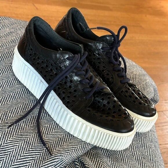 MUSSE & CLOUD Black Cacey Woven Perforated Leather Flatform Creeper Sneakers 9 - Picture 10 of 16